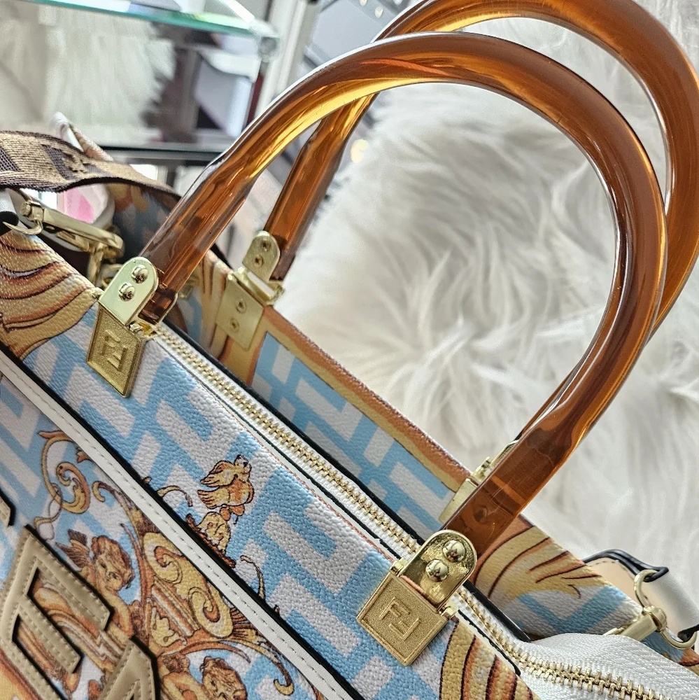 Fendi Multicolor Baroque Canvas Satchel in Blue, Pink & Gold